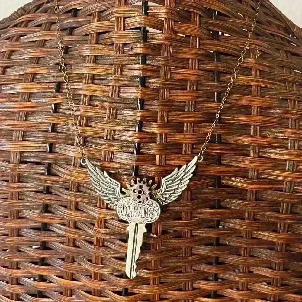 Steampunk Key Articulating Wings Necklace Mixed Metals